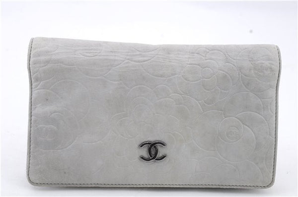 Authentic CHANEL Camellia Calf Skin Long Wallet Purse Light Blue 6726C