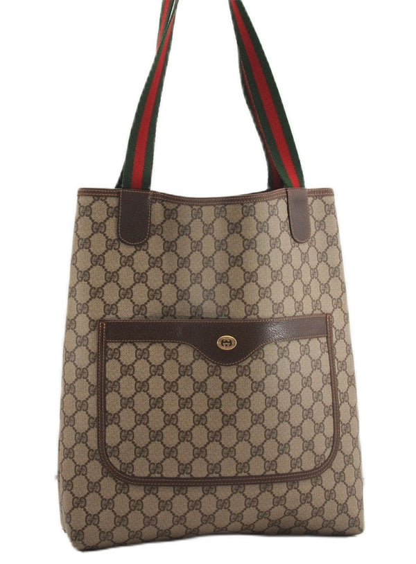 Authentic GUCCI Web Sherry Line Shoulder Tote Bag GG PVC Leather Brown 6728F