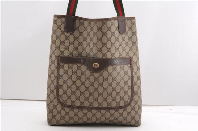Authentic GUCCI Web Sherry Line Shoulder Tote Bag GG PVC Leather Brown 6728F