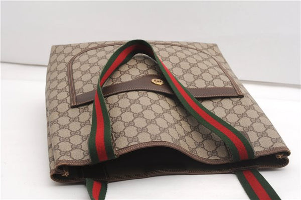 Authentic GUCCI Web Sherry Line Shoulder Tote Bag GG PVC Leather Brown 6728F