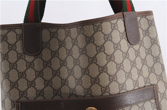 Authentic GUCCI Web Sherry Line Shoulder Tote Bag GG PVC Leather Brown 6728F