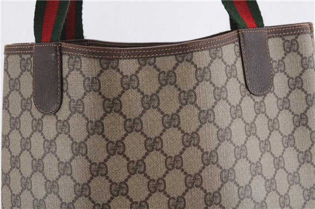 Authentic GUCCI Web Sherry Line Shoulder Tote Bag GG PVC Leather Brown 6728F