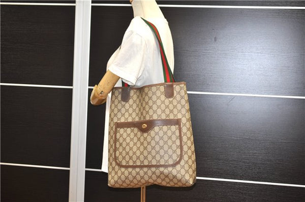 Authentic GUCCI Web Sherry Line Shoulder Tote Bag GG PVC Leather Brown 6728F