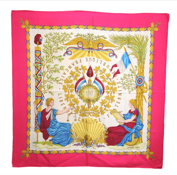 Authentic HERMES Carre 90 Scarf "1789 LIBERTE EGALITE" Silk Pink 6731E