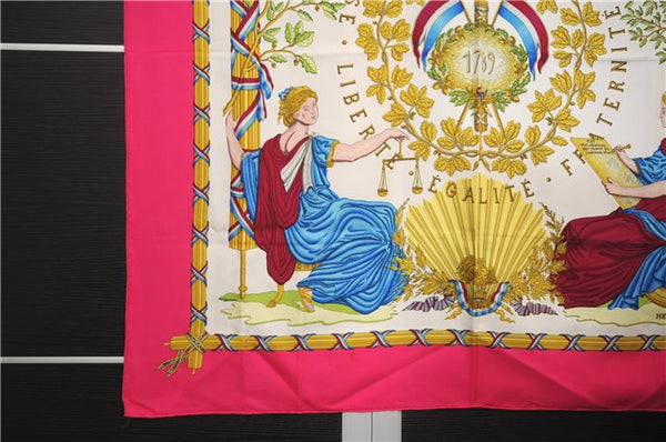 Authentic HERMES Carre 90 Scarf "1789 LIBERTE EGALITE" Silk Pink 6731E