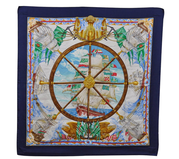 Authentic HERMES Carre 90 Scarf "vive le vent" Silk Navy 6733C