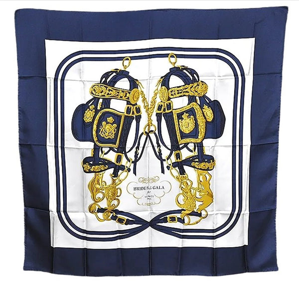 Authentic HERMES Carre 90 Scarf "BRIDES de GALA par" Silk Navy 6740E