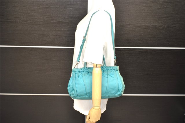 Authentic PRADA Nylon 2Way Shoulder Hand Bag Purse Leather Blue Green 6772C