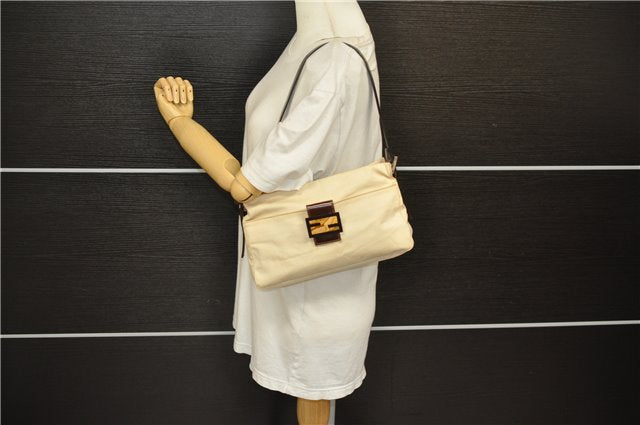 Authentic FENDI Vintage Shoulder Hand Bag Purse Canvas Leather Ivory Brown 6776D