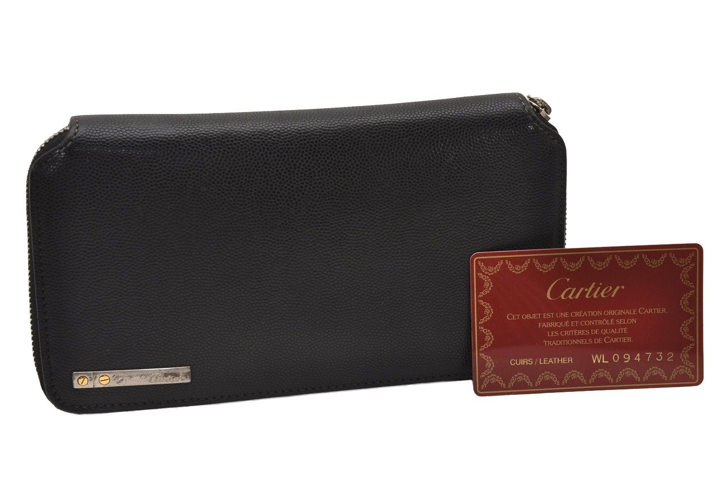 Authentic Cartier Santos de Cartier Long Wallet Purse Leather Black 6809I