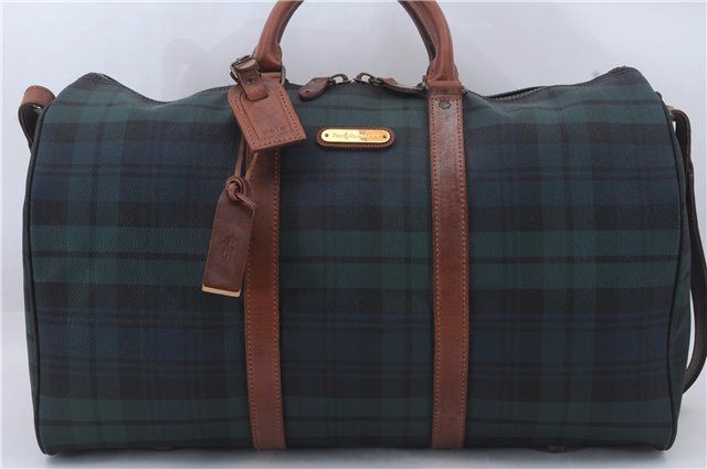 Auth POLO Ralph Lauren Vintage Check PVC Leather Travel Boston Bag Green 6813D