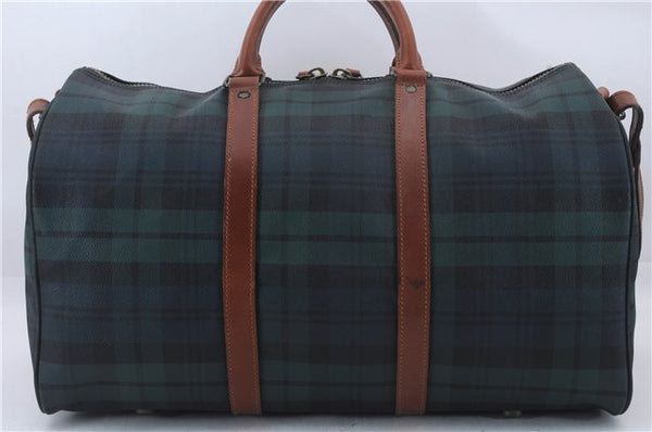 Auth POLO Ralph Lauren Vintage Check PVC Leather Travel Boston Bag Green 6813D