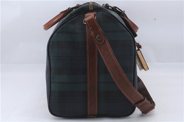 Auth POLO Ralph Lauren Vintage Check PVC Leather Travel Boston Bag Green 6813D