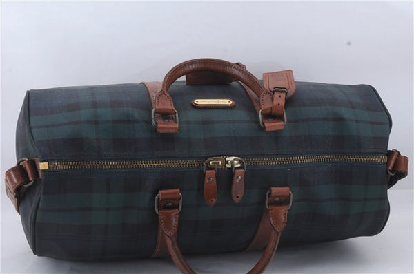 Auth POLO Ralph Lauren Vintage Check PVC Leather Travel Boston Bag Green 6813D