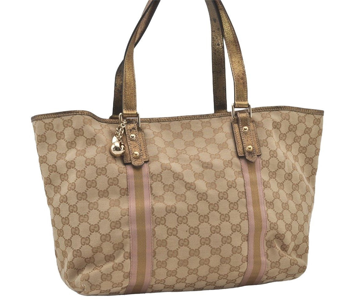 Authentic GUCCI Sherry Line Tote Bag GG Canvas Leather 139260 Beige 6818I
