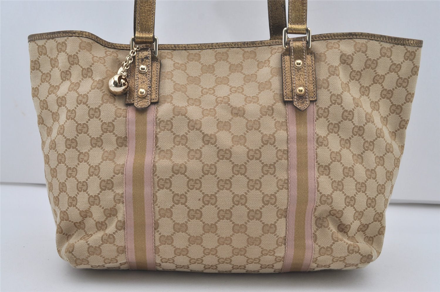 Authentic GUCCI Sherry Line Tote Bag GG Canvas Leather 139260 Beige 6818I