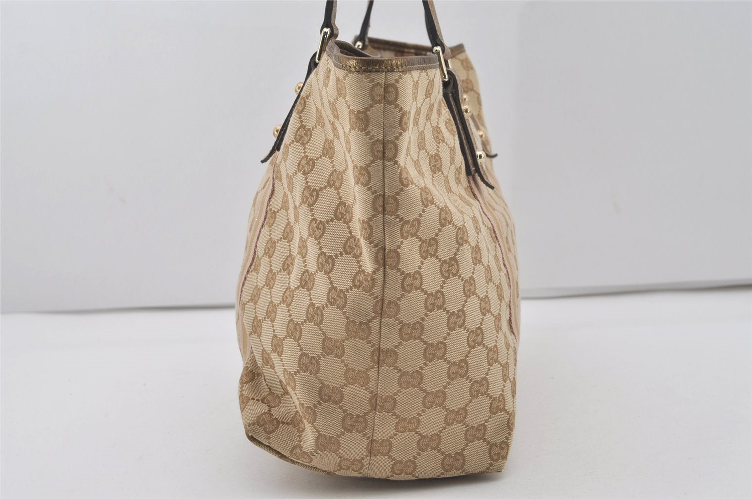 Authentic GUCCI Sherry Line Tote Bag GG Canvas Leather 139260 Beige 6818I