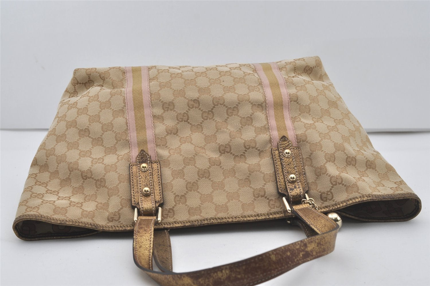 Authentic GUCCI Sherry Line Tote Bag GG Canvas Leather 139260 Beige 6818I