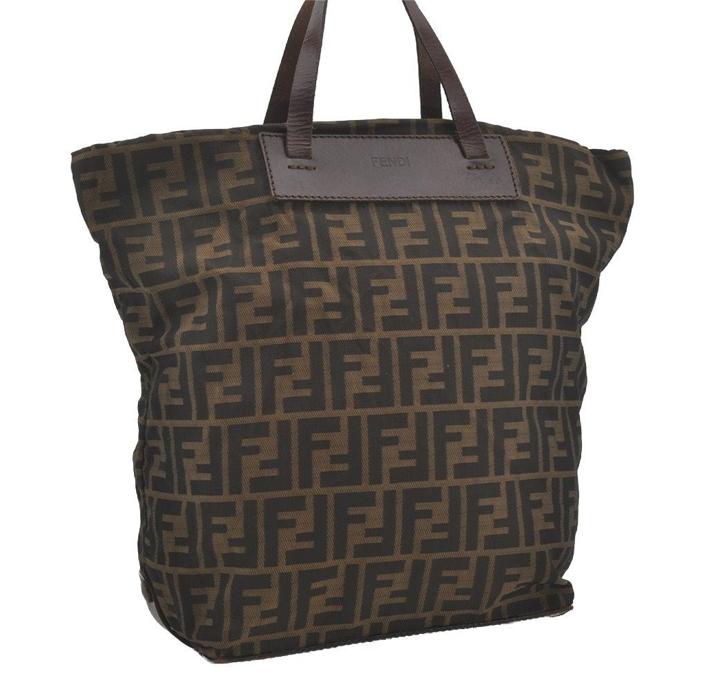 Authentic FENDI Zucca Folding Hand Tote Bag Purse Nylon Leather Brown 6828I