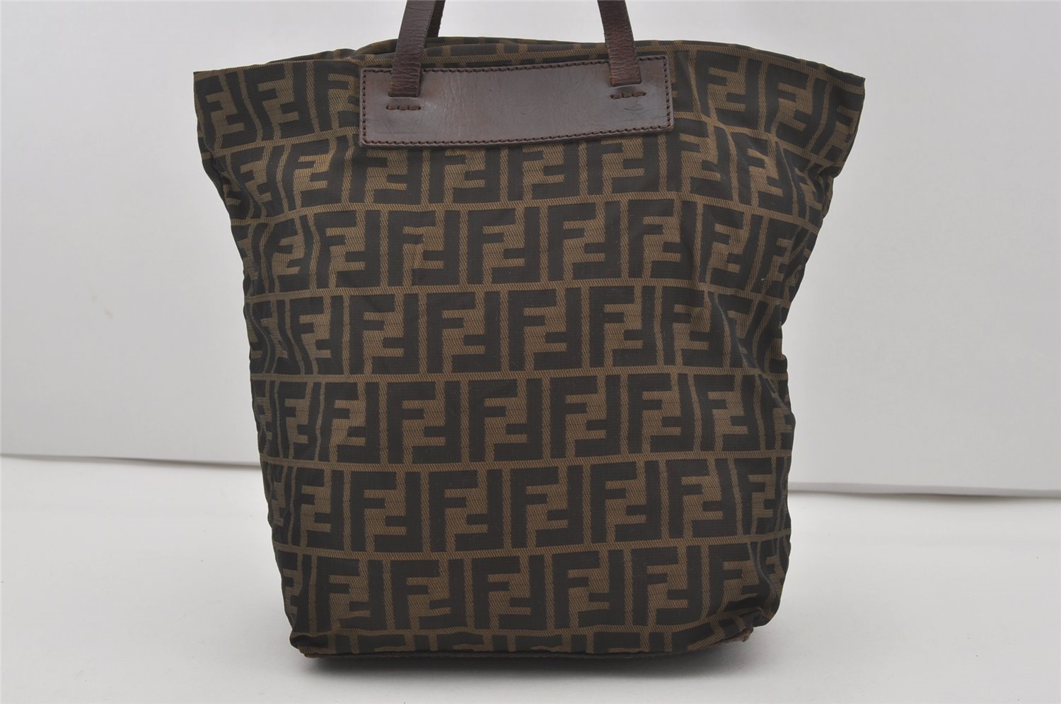 Authentic FENDI Zucca Folding Hand Tote Bag Purse Nylon Leather Brown 6828I
