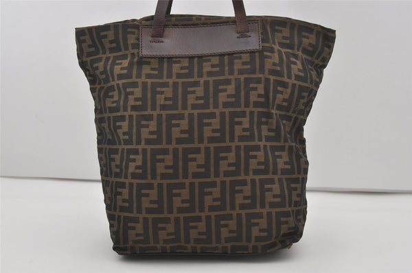 Authentic FENDI Zucca Folding Hand Tote Bag Purse Nylon Leather Brown 6828I
