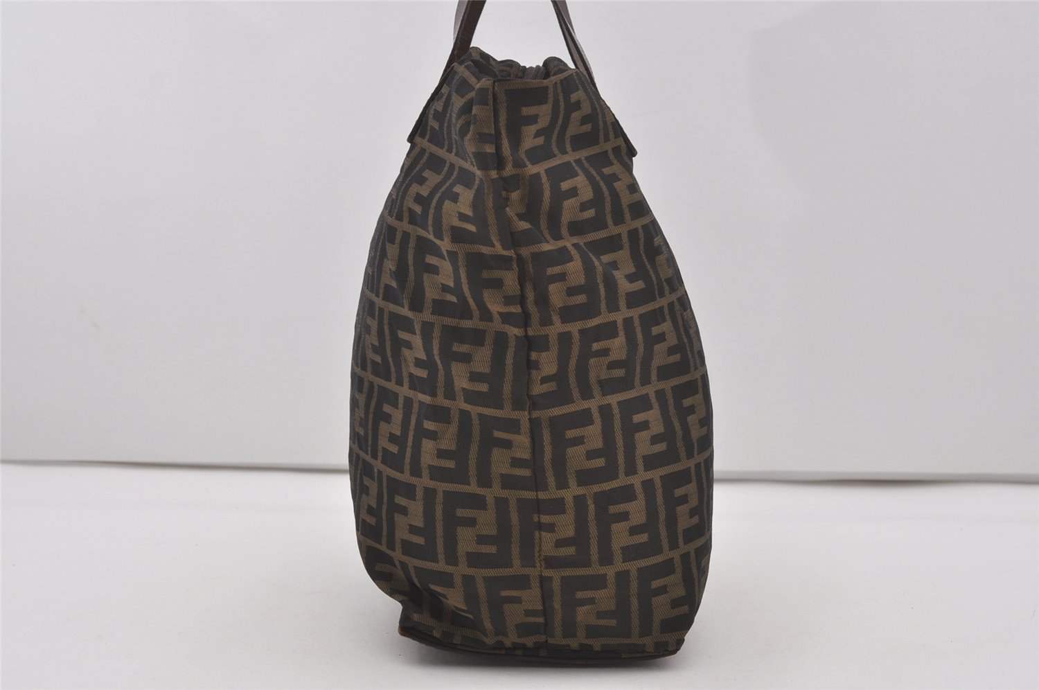 Authentic FENDI Zucca Folding Hand Tote Bag Purse Nylon Leather Brown 6828I
