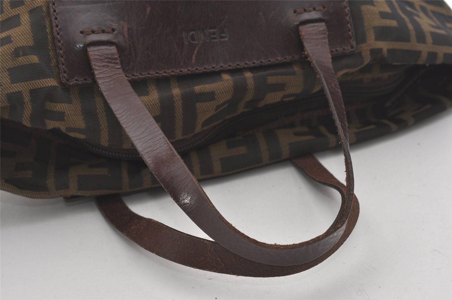 Authentic FENDI Zucca Folding Hand Tote Bag Purse Nylon Leather Brown 6828I