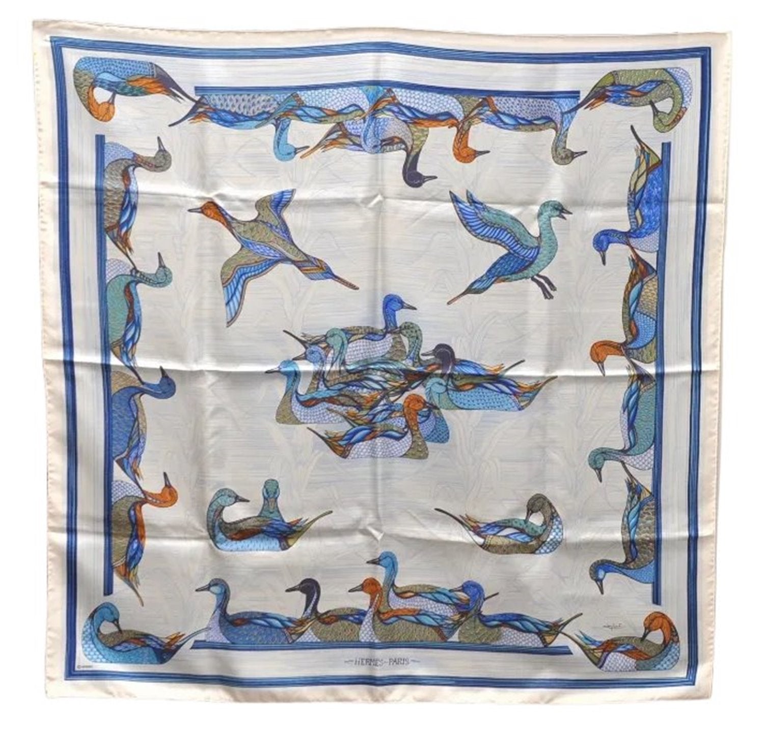 Authentic HERMES Carre 90 Scarf Duck Motif Silk White Box 6831D