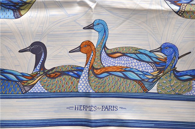 Authentic HERMES Carre 90 Scarf Duck Motif Silk White Box 6831D