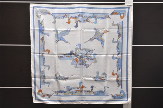 Authentic HERMES Carre 90 Scarf Duck Motif Silk White Box 6831D