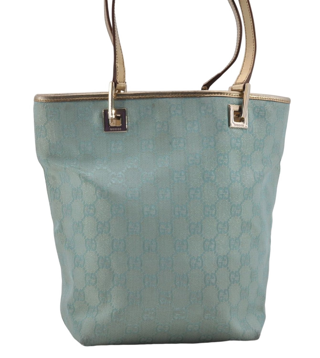 Auth GUCCI Shoulder Tote Bag GG Canvas Leather 0021099 Light Blue Gold 6835D