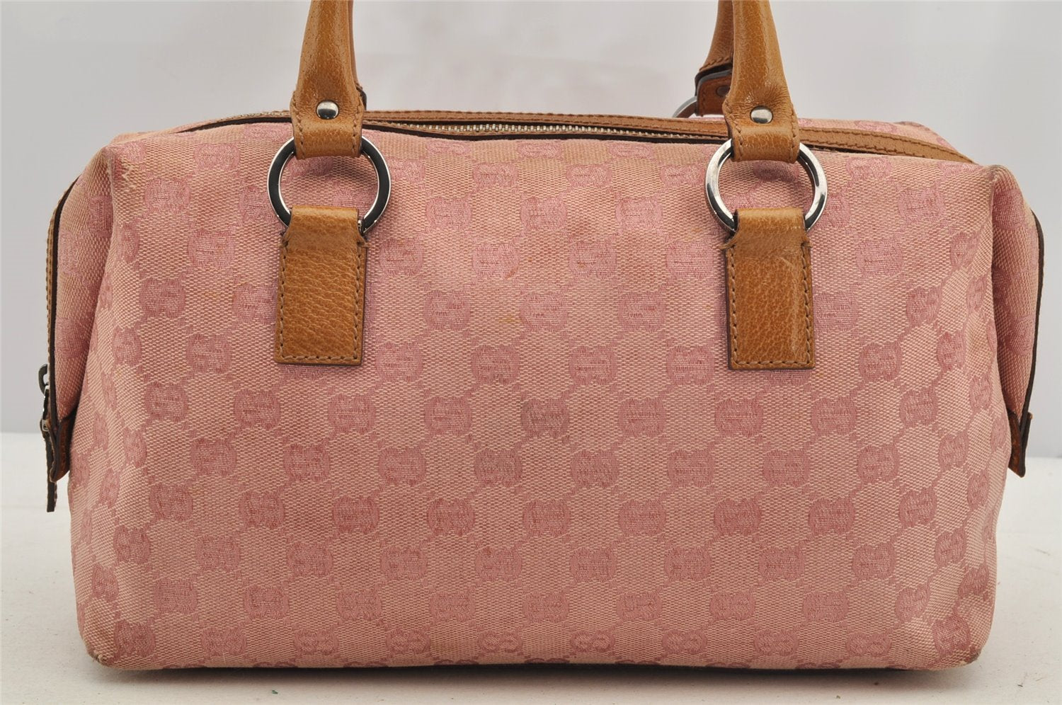 Authentic GUCCI Hand Boston Bag Purse GG Canvas Leather 113009 Pink 6839I