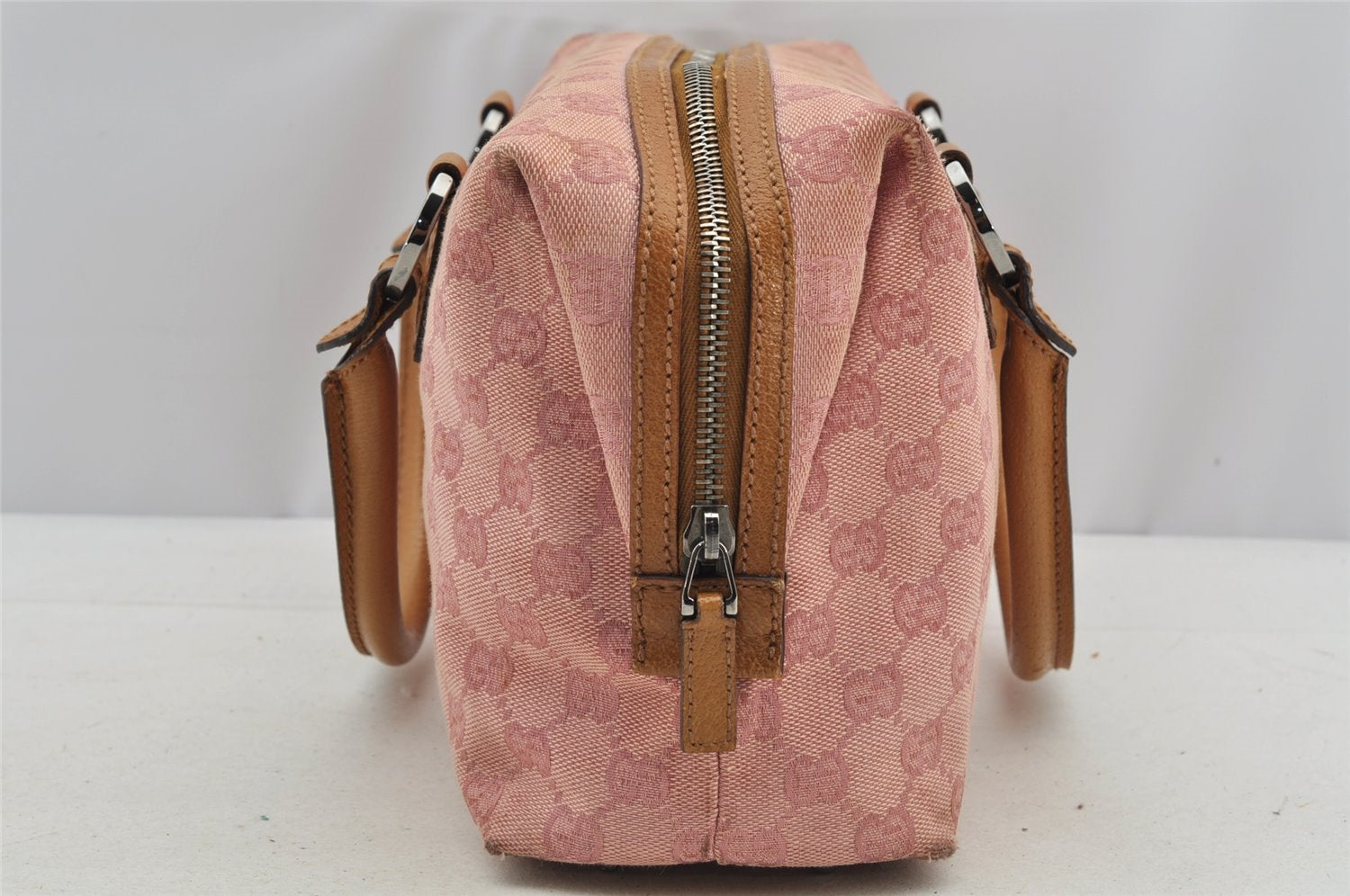 Authentic GUCCI Hand Boston Bag Purse GG Canvas Leather 113009 Pink 6839I