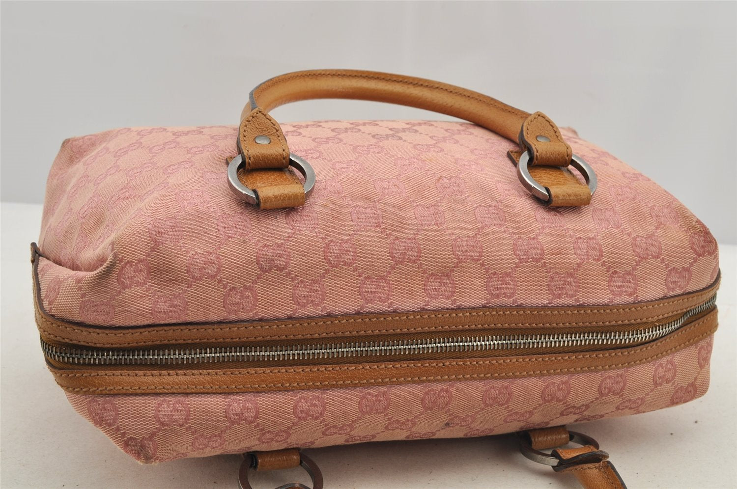 Authentic GUCCI Hand Boston Bag Purse GG Canvas Leather 113009 Pink 6839I