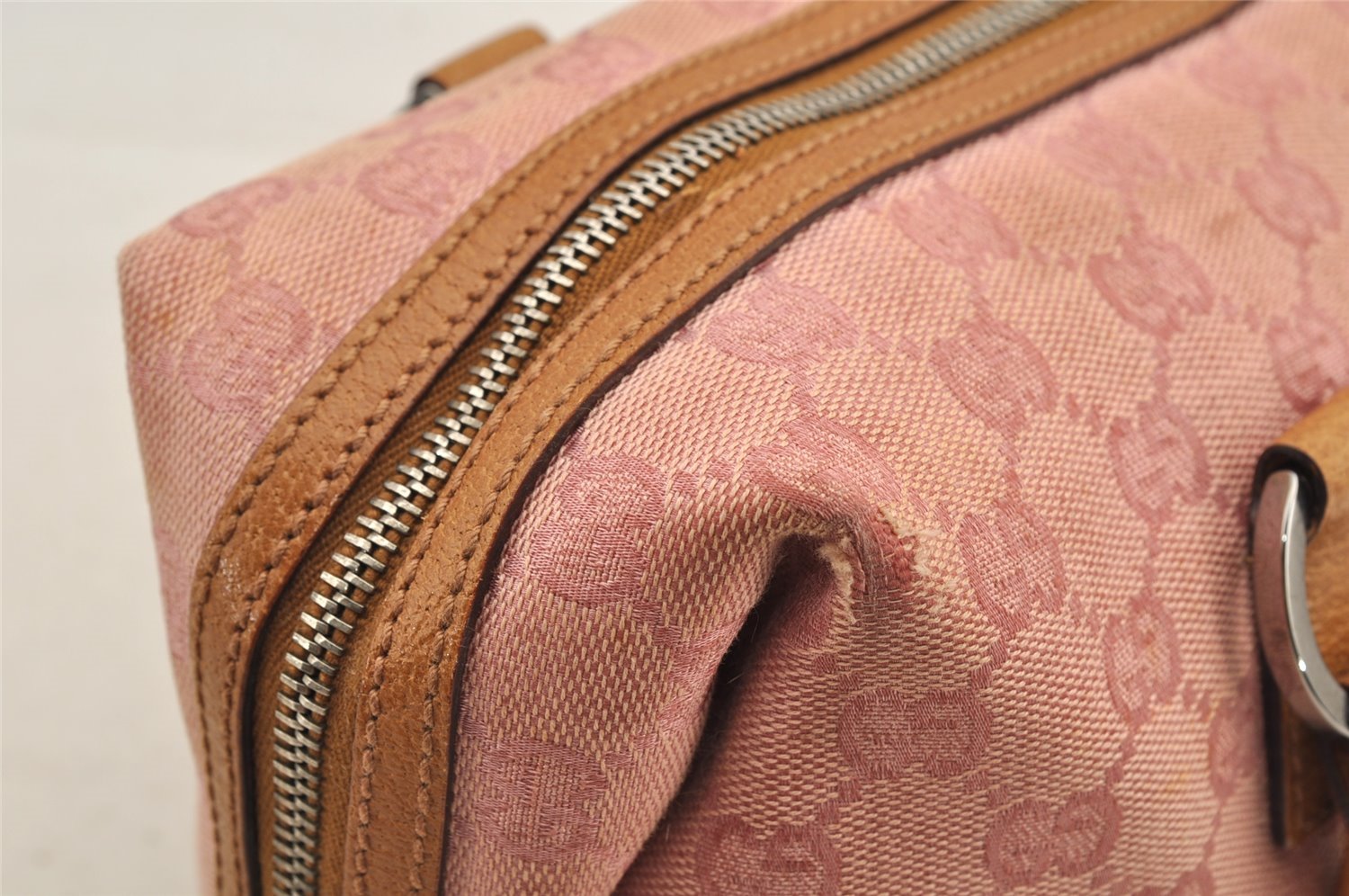 Authentic GUCCI Hand Boston Bag Purse GG Canvas Leather 113009 Pink 6839I