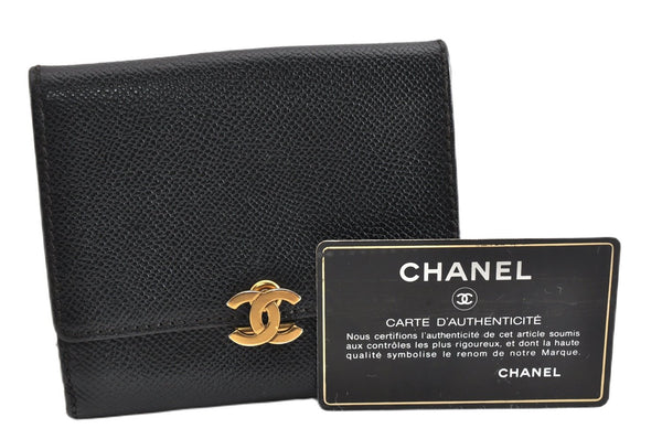 Authentic CHANEL Vintage Caviar Skin CC Logo Bifold Wallet Black 6840F