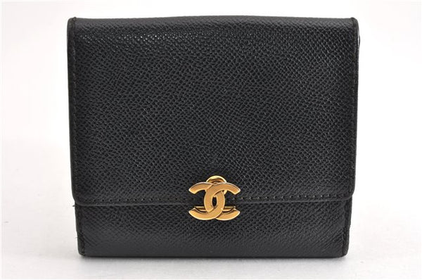 Authentic CHANEL Vintage Caviar Skin CC Logo Bifold Wallet Black 6840F