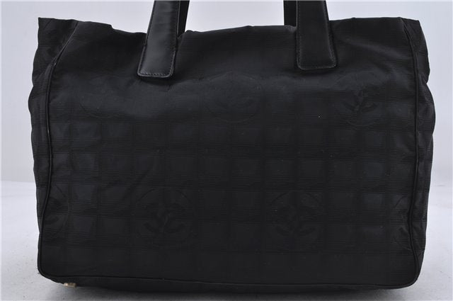 Authentic CHANEL New Travel Line Shoulder Tote Bag Nylon Leather Black 6844D