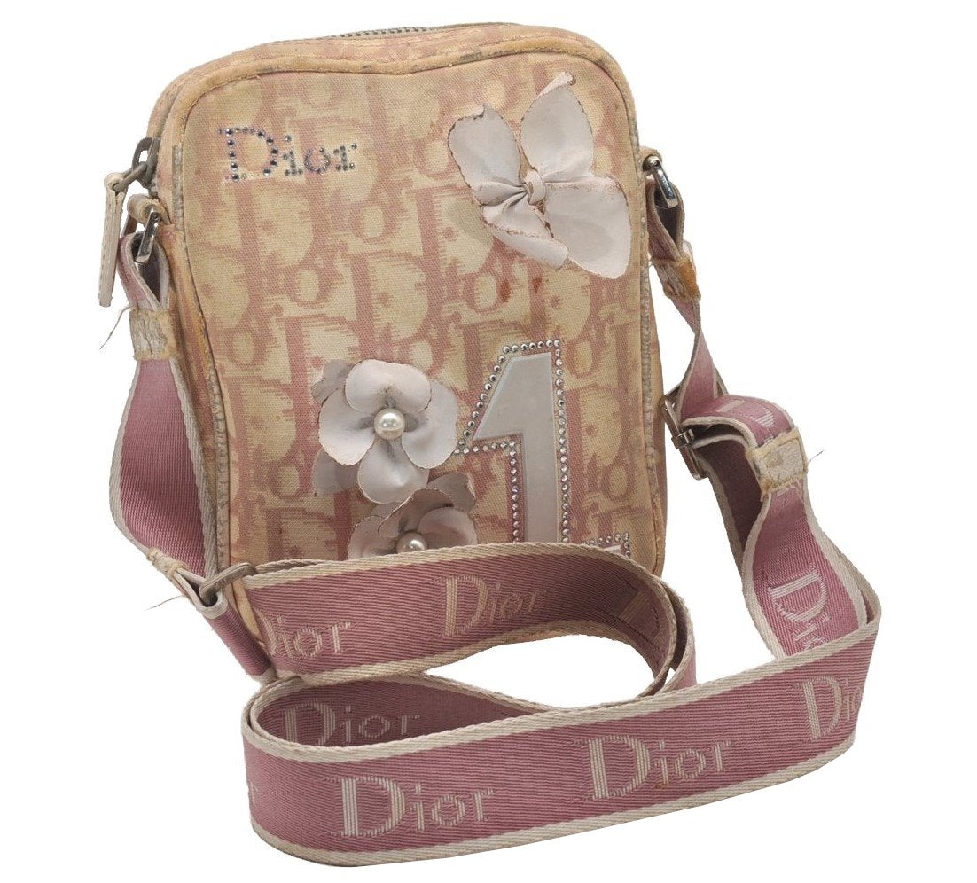 Auth Christian Dior Trotter Flower No.1 Shoulder Bag Canvas Enamel Pink 6850I