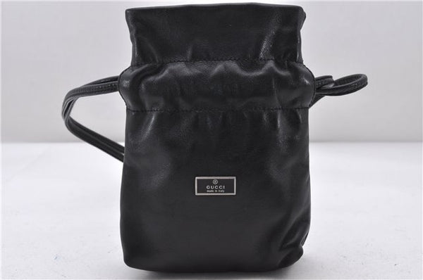 Authentic GUCCI Drawstring Shoulder Bag Pouch Purse Leather 0072025 Black 6853C