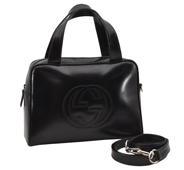 Authentic GUCCI Interlocking G 2Way Hand Bag Purse Enamel Black Junk 6853I