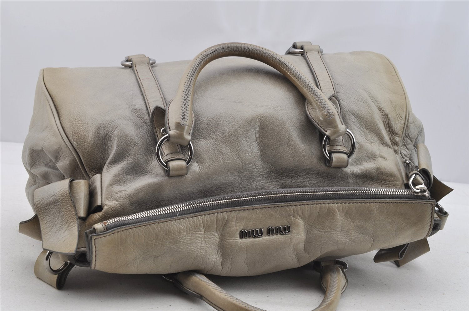 Authentic MIU MIU Ribbon Leather 2Way Shoulder Hand Bag Light Gray 6855I