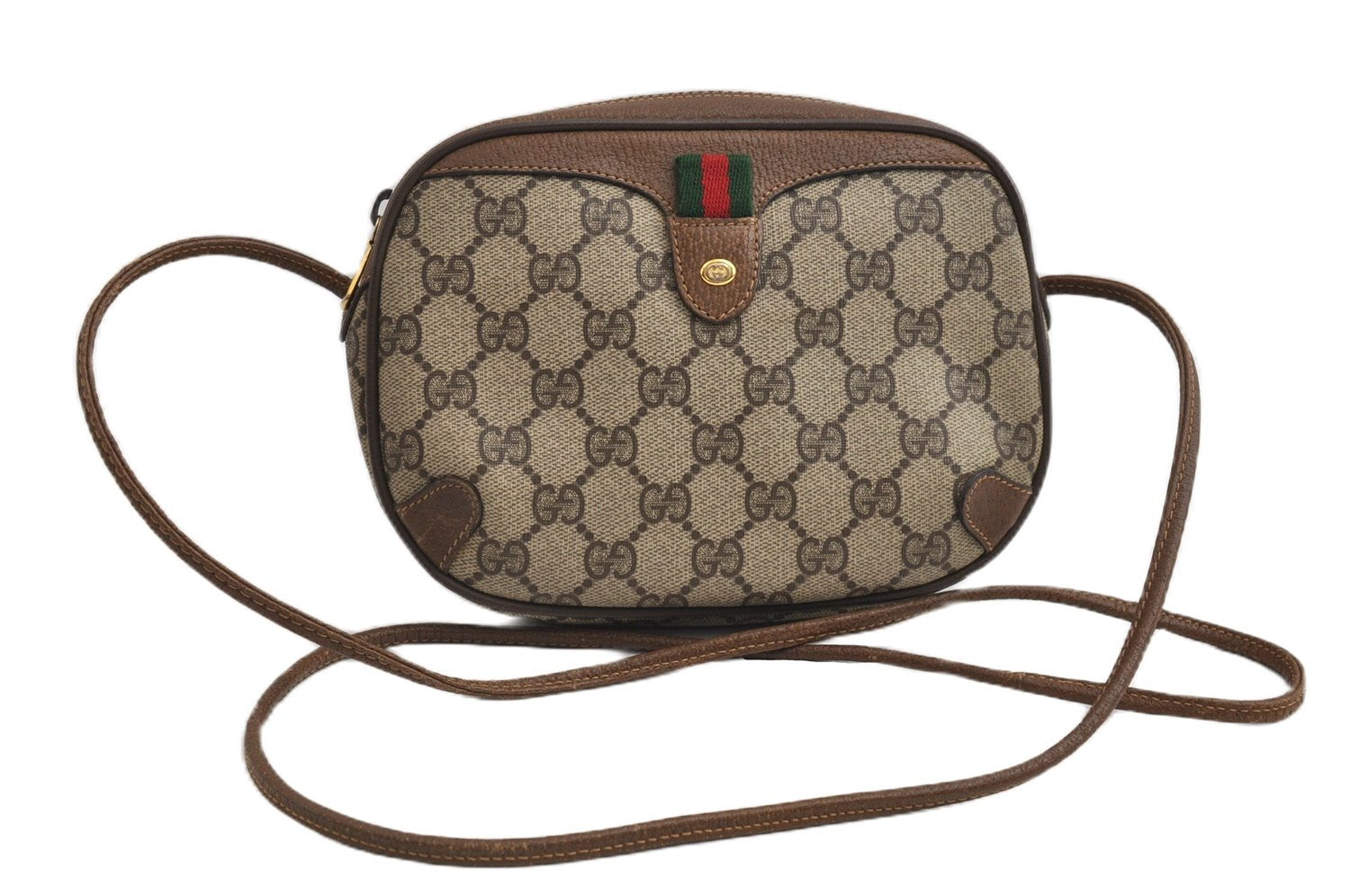 Authentic GUCCI Web Sherry Line Shoulder Cross Bag GG PVC Leather Brown 6858F