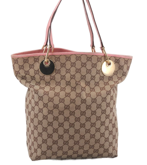 Authentic GUCCI Shoulder Tote Bag GG Canvas Leather 120836 Brown Pink 6888D