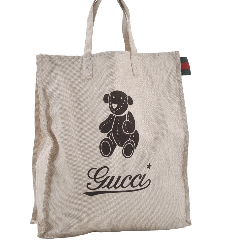 Authentic GUCCI Web Sherry Line Bear Hand Tote Bag Canvas 327237 White 6888I