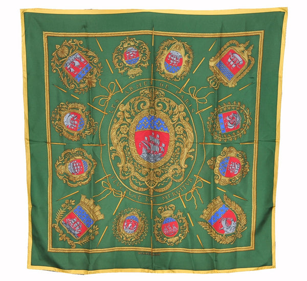 Authentic HERMES Carre 90 Scarf "Les Armes de Paris" Silk Yellow Green 6901F