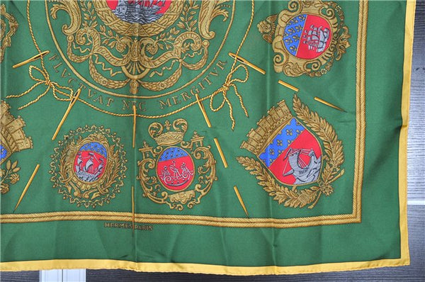 Authentic HERMES Carre 90 Scarf "Les Armes de Paris" Silk Yellow Green 6901F