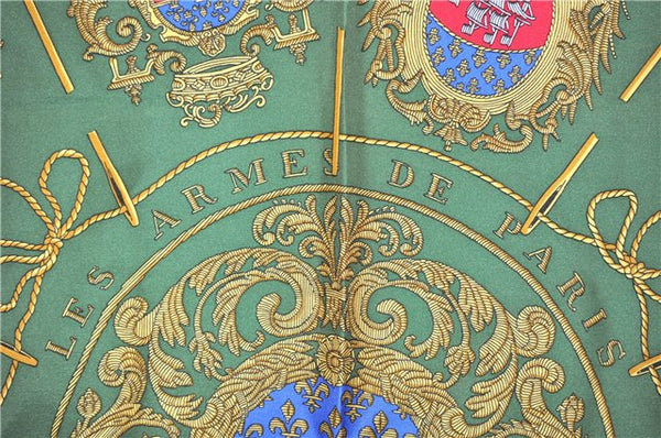 Authentic HERMES Carre 90 Scarf "Les Armes de Paris" Silk Yellow Green 6901F