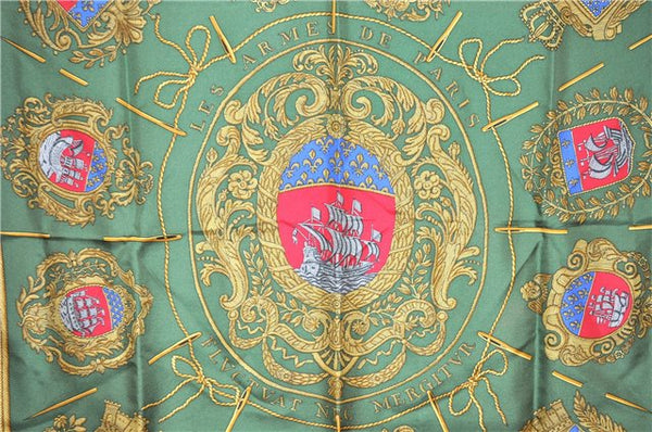 Authentic HERMES Carre 90 Scarf "Les Armes de Paris" Silk Yellow Green 6901F