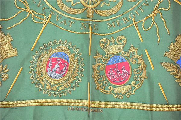 Authentic HERMES Carre 90 Scarf "Les Armes de Paris" Silk Yellow Green 6901F